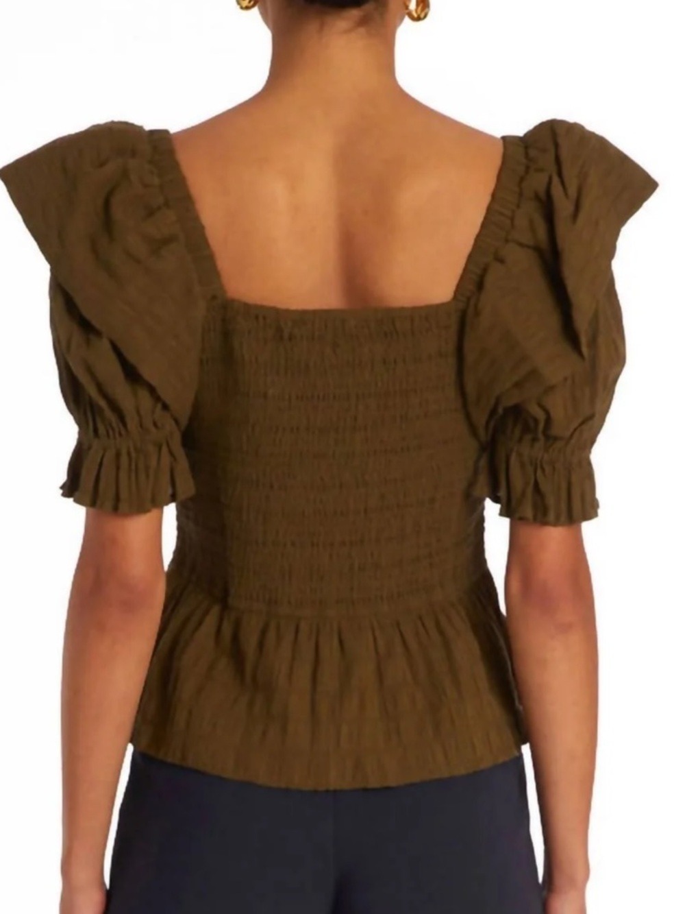 Marie Oliver Olive Ruffled Smocked Peplum Top in Juniper | size small - Picture 4 of 9